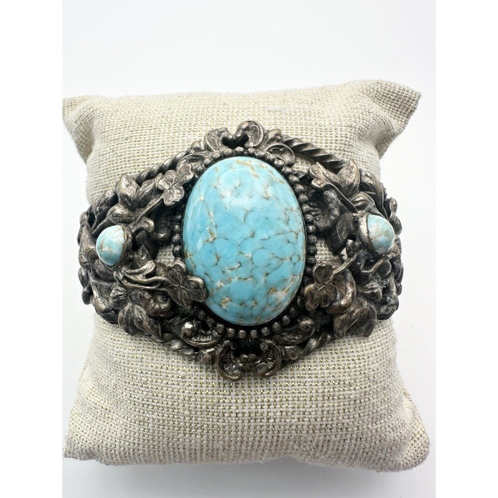Vintage Filigree Faux Turquoise Floral Hinged Bangle Bracelet 7”
